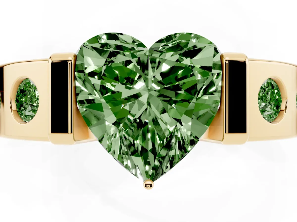 Fancy Green Heart Cut Brilliant Channel-Set Diamond Ring with Bezel Prong Setting Yellow gold
