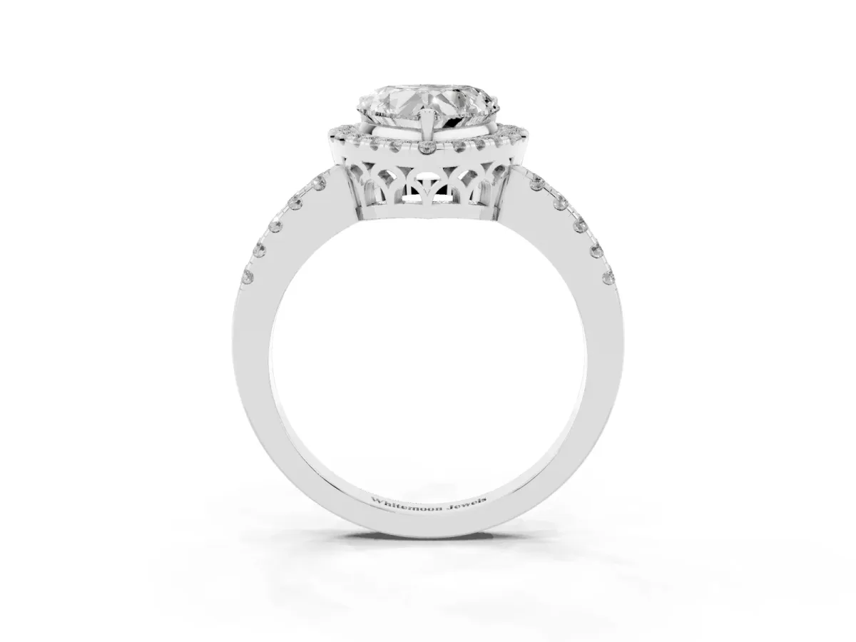 Heart Cut Halo Diamond Engagement Ring with Pavé Band and Four-Prong Setting Platinum