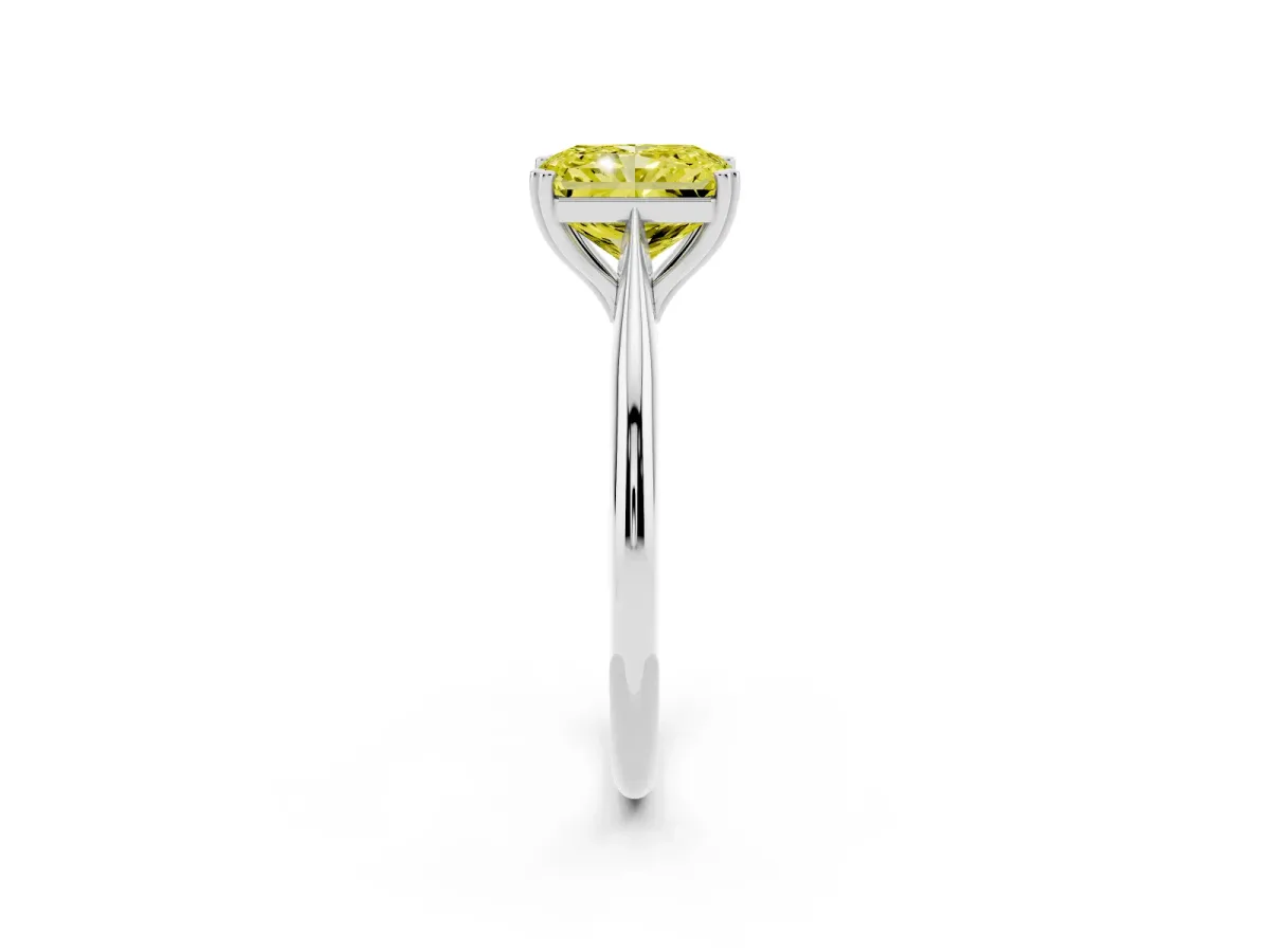 Fancy Yellow Radiant Cut Solitaire Diamond Ring with Six-Prong Setting and Classic Band Silver