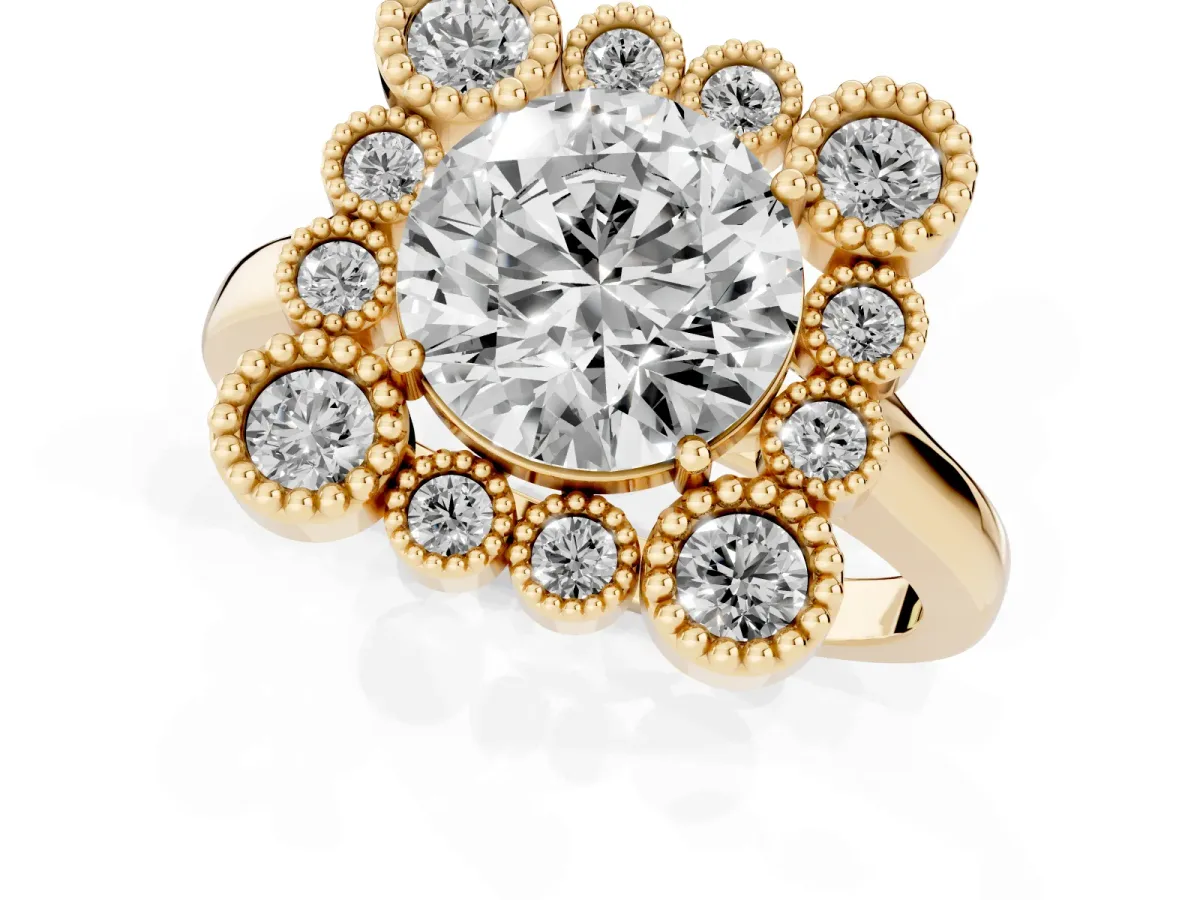Round Cut Halo Diamond Cluster Engagement Ring with Milgrain Bezel Setting and Solitaire Band Yellow gold