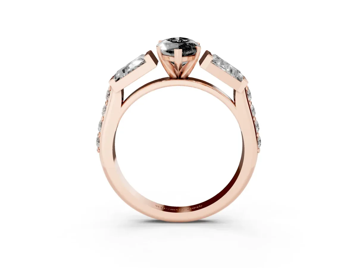 Fancy Black Marquise Cut Diamond Engagement Ring with Baguette Side Stones and Channel Set Band Rose gold