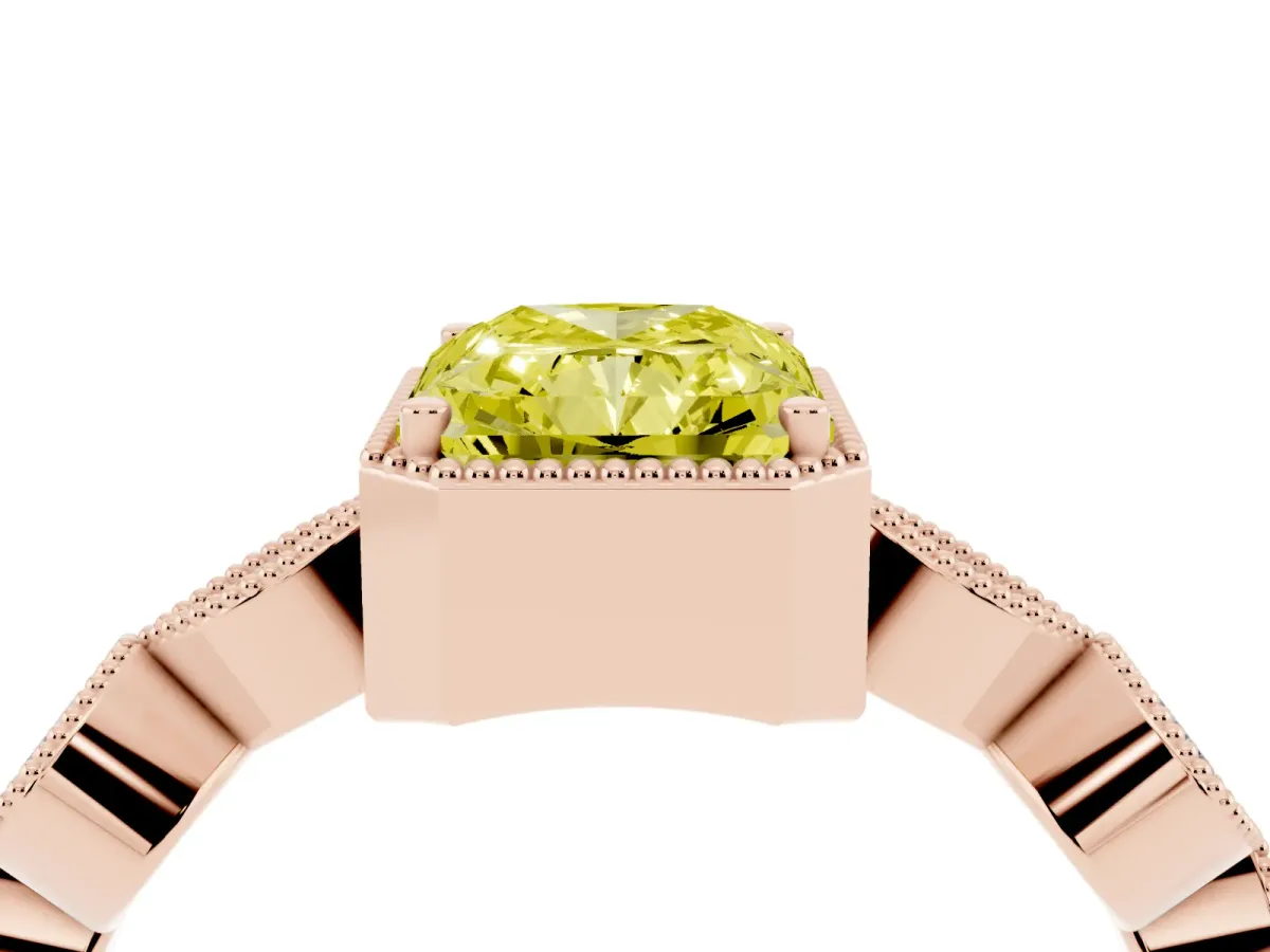 Fancy Yellow Radiant Cut Diamond Vintage Milgrain Ring with Round Stations Rose gold
