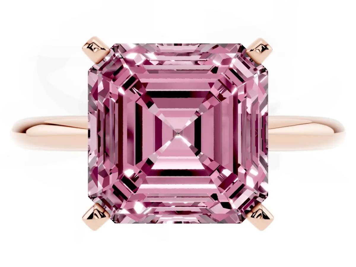 Fancy Pink Asscher Cut Diamond Solitaire Ring with Prong Setting and Classic Band Rose gold