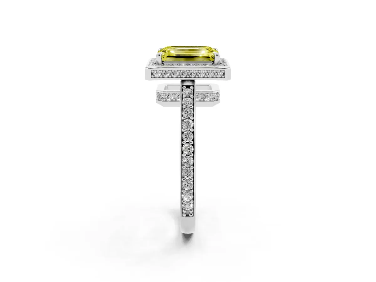 Fancy Yellow Emerald Cut Halo Pave Band Solitaire Ring with Prong Setting Silver
