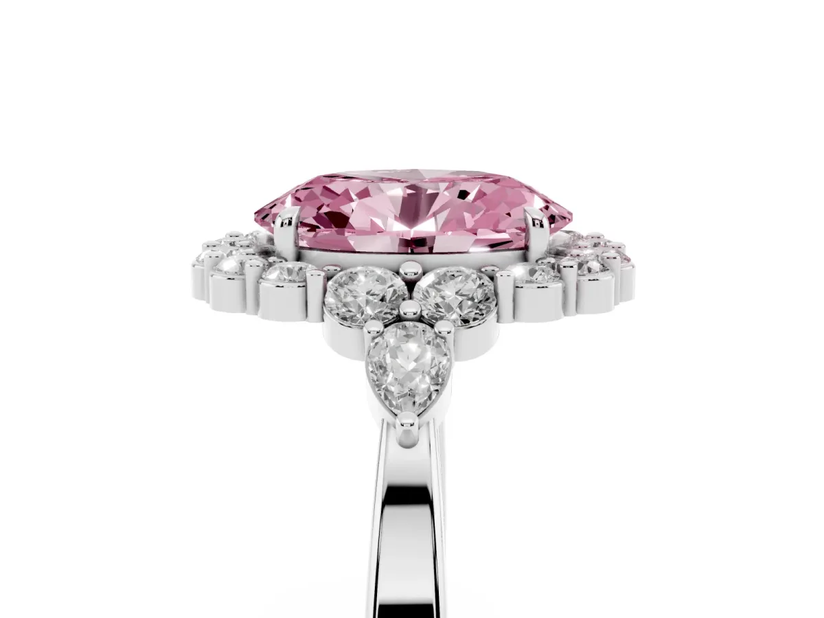 Fancy Pink Oval Cut Diamond Halo Ring with Pear Side Stones and Prong Setting Silver
