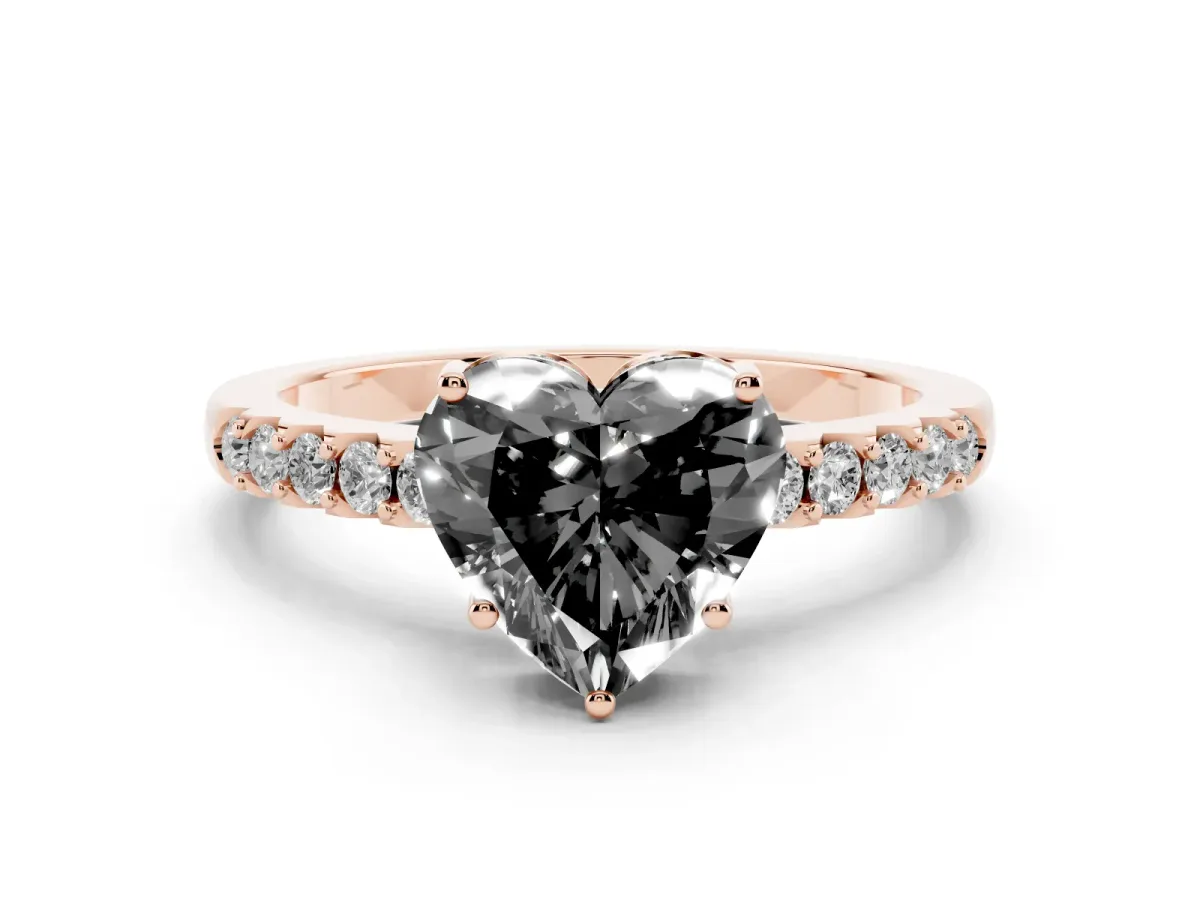 Fancy Black Heart Cut Solitaire Diamond Engagement Ring with Pavé Band and Six-Prong Setting Rose gold