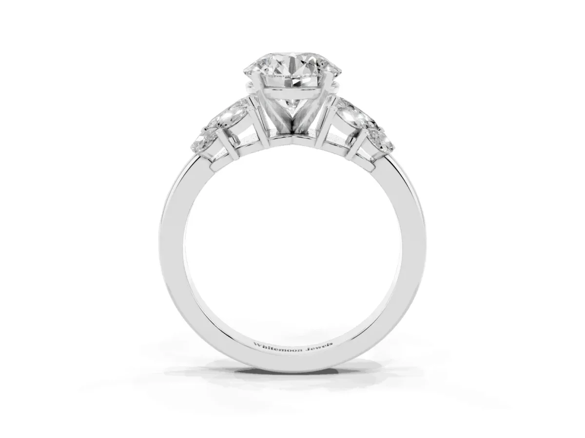 Round Cut Diamond Cluster Leaf Design Ring with Prong Setting Silver