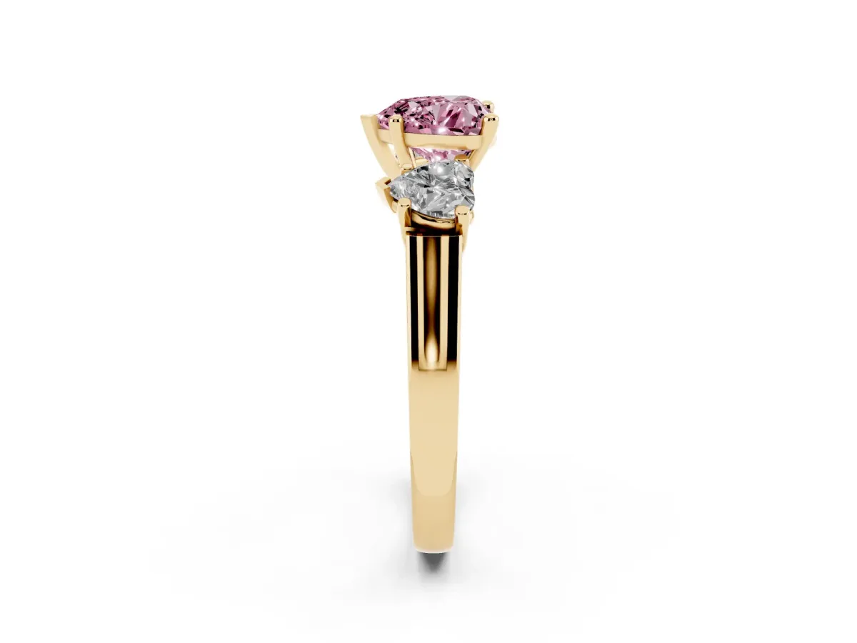Fancy Pink Three-Stone Heart Cut Brilliant Diamond Trellis Ring with Comfort Fit Band Yellow gold