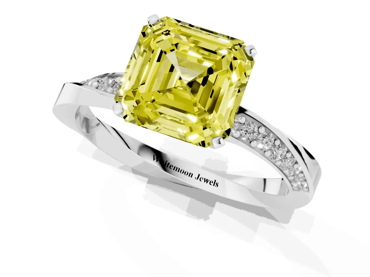Fancy Yellow Asscher Cut Diamond Engagement Ring with Side Stone Accents and Four-Prong Setting Silver