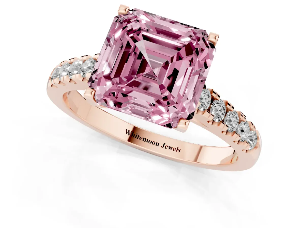 Fancy Pink Asscher Cut Diamond Pavé Band Solitaire Ring with Prong Setting Rose gold