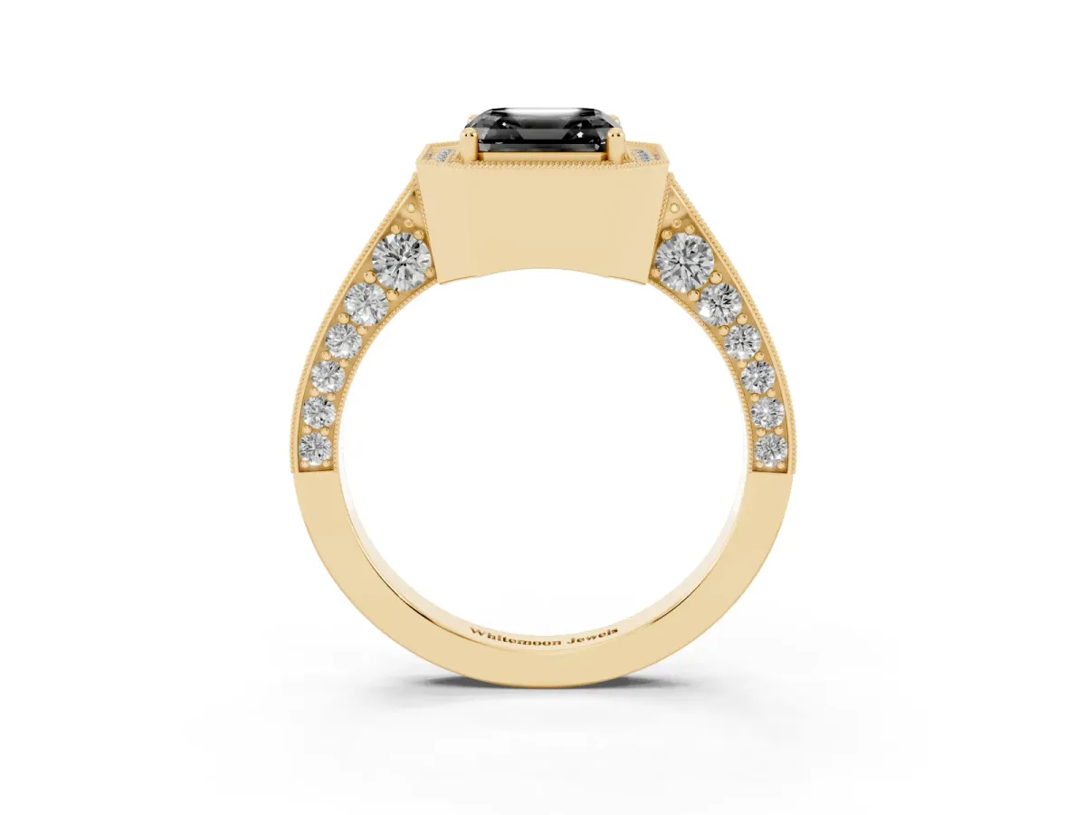 Fancy Black Asscher Cut Halo Diamond Engagement Ring with Split Shank Band and Four-Prong Setting Yellow gold