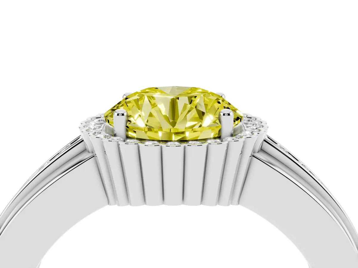 Fancy Yellow Round Cut Cut Halo Pave Band Four-Prong Ring Platinum