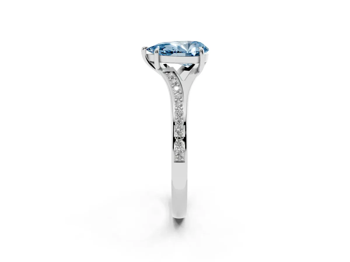 Fancy Blue Pear Cut Diamond Solitaire Ring with Pavé Band and Prong Setting Silver
