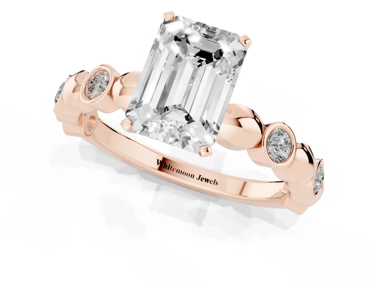 Emerald Cut Solitaire Bezel-Set Diamond Ring with Beaded Band and Four-Prong Setting Rose gold