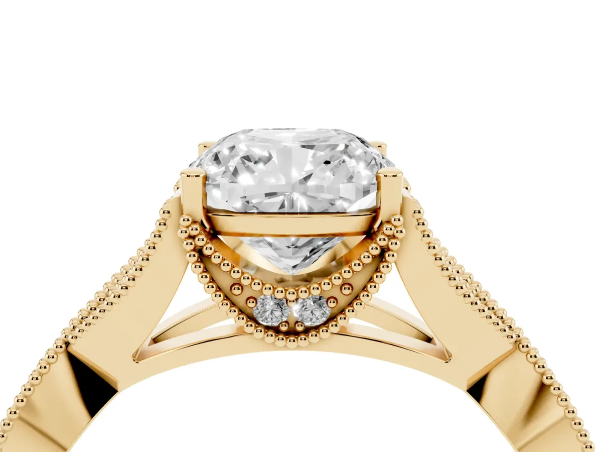 Cushion Cut Cut Diamond Twisted Band with Milgrain Pave Setting and Four-Prong Setting Yellow gold