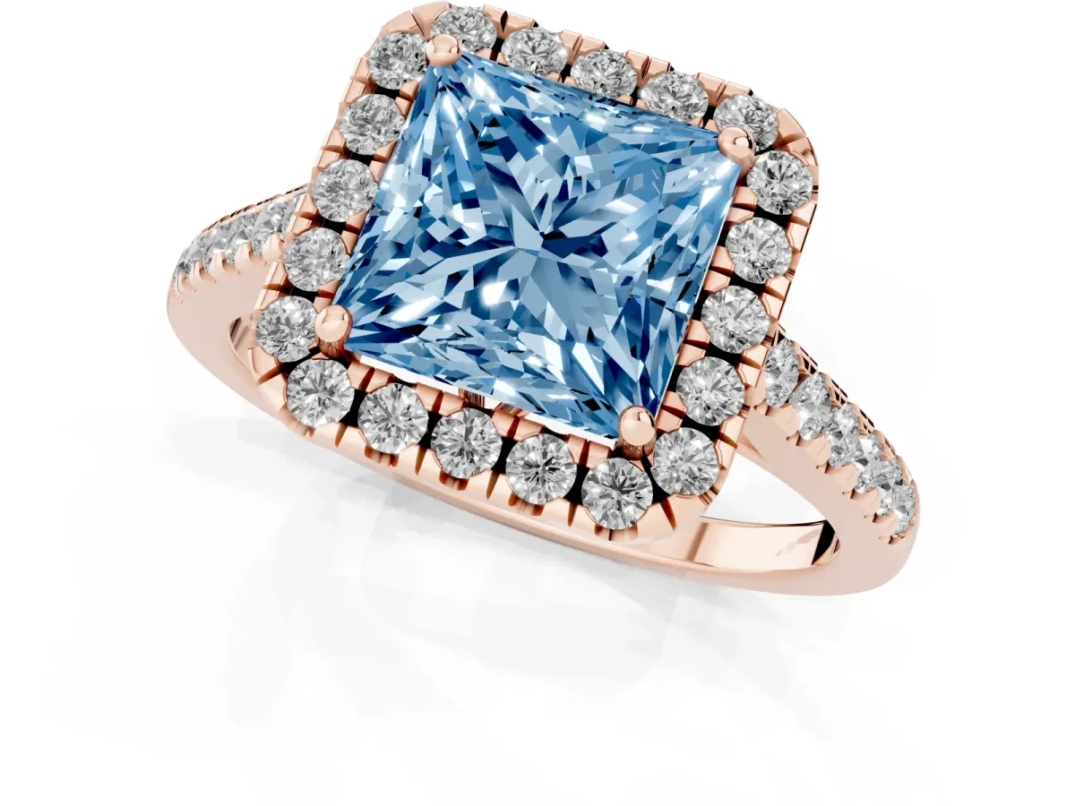 Fancy Blue Princess Cut Halo Pavé Diamond Engagement Ring with Four-Prong Setting Rose gold