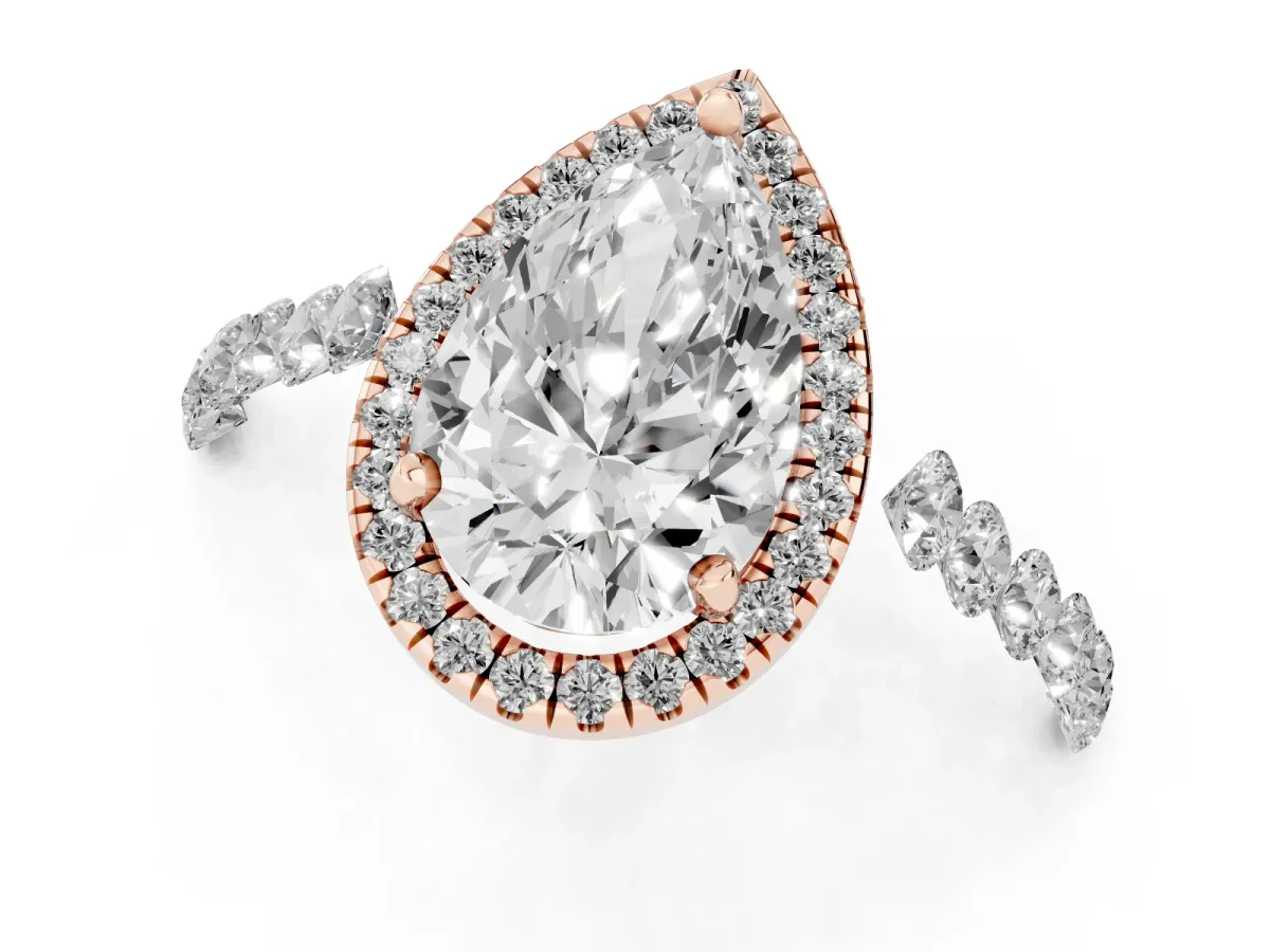 Pear Cut Halo Pavé Diamond Engagement Ring with Four-Prong Setting Rose gold