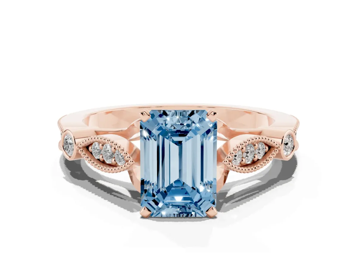 Fancy Blue Emerald Cut Cut Diamond with Milgrain Marquise and Bezel Accents on a Solitaire Band with Prong Setting Rose gold