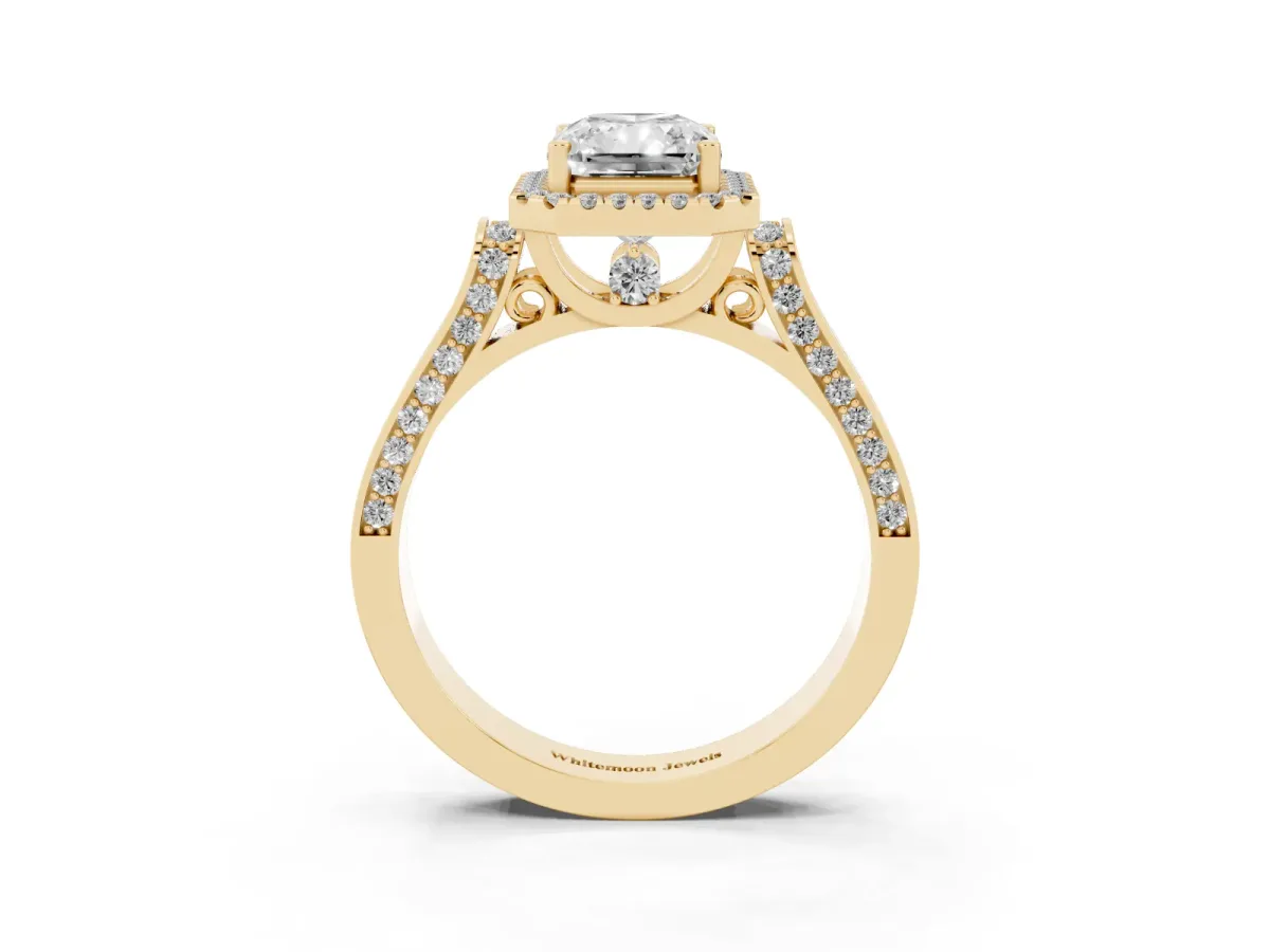 Radiant Cut Halo Round Diamond Twist Band with Four-Prong Setting Yellow gold