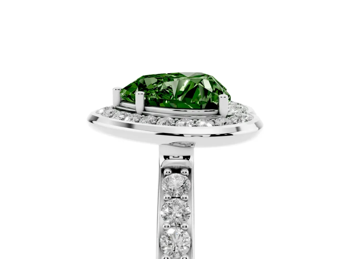 Fancy Green Heart Cut Diamond Halo Ring with Bezel Frame and Pavé Band Silver