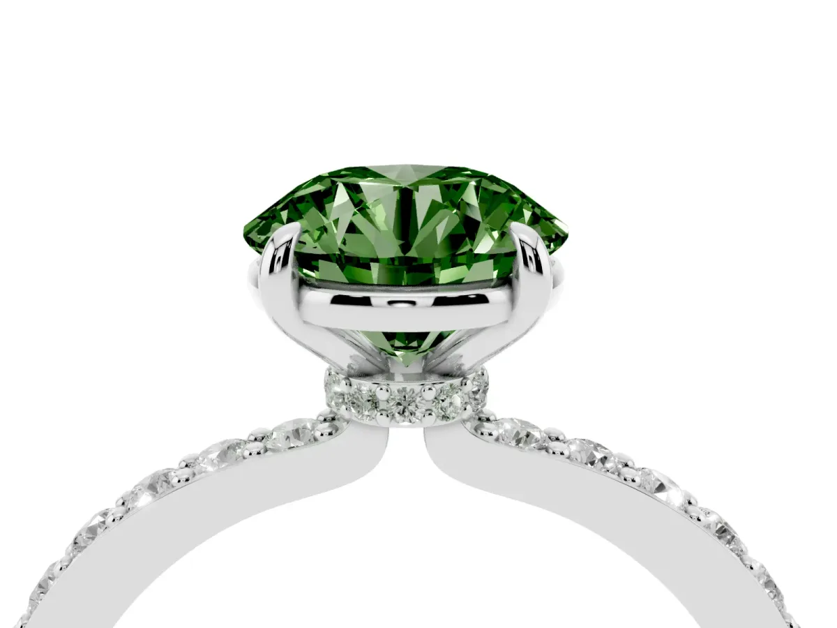 Fancy Green Round Cut Diamond Pavé Engagement Ring with Round Accents and Prong Setting Silver