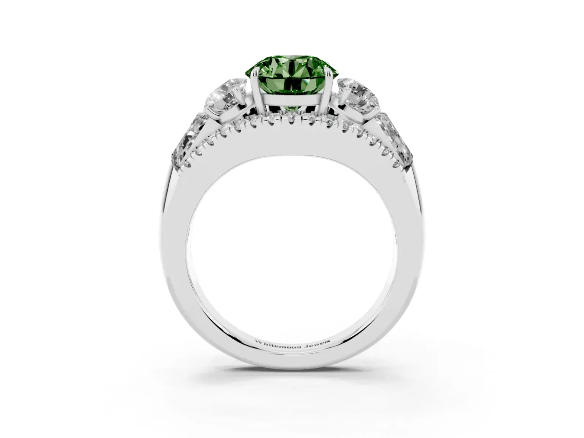 Fancy Green Three-Stone Round Cut Diamond Engagement Ring with Pave Band and Prong Setting Silver