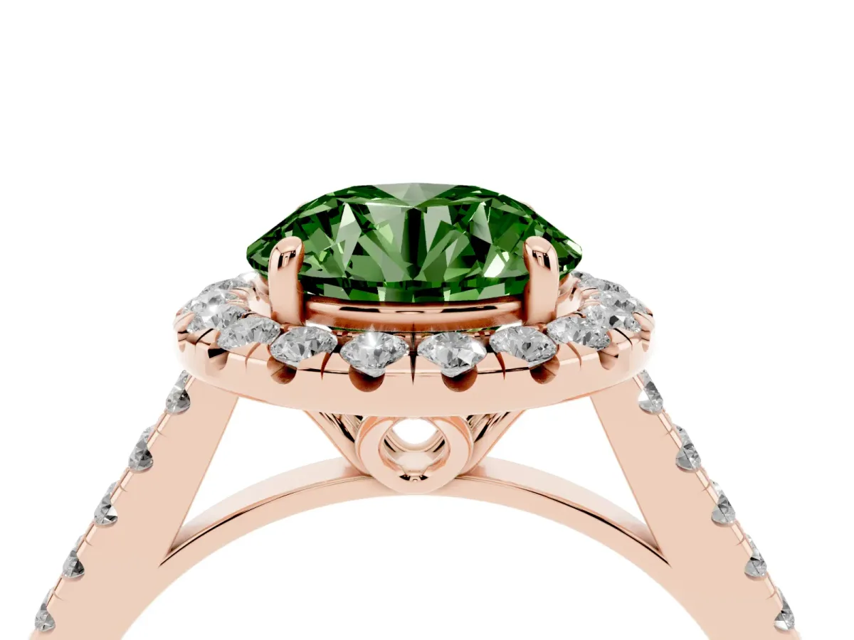 Fancy Green Round Cut Halo Pavé Diamond Engagement Ring with Four-Prong Setting Rose gold