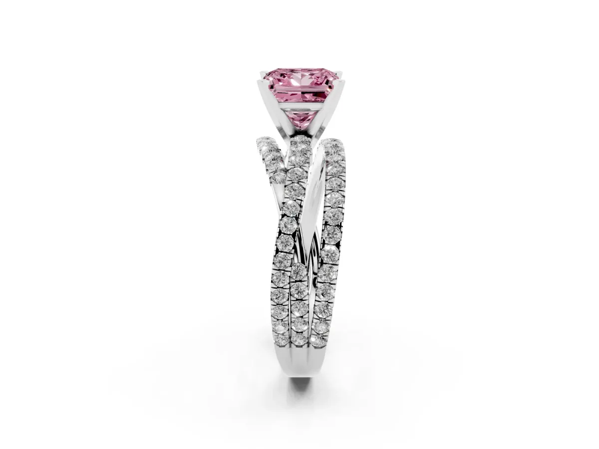Fancy Pink Princess Cut Solitaire Twist Band with Pavé Setting and Four-Prong Setting Platinum