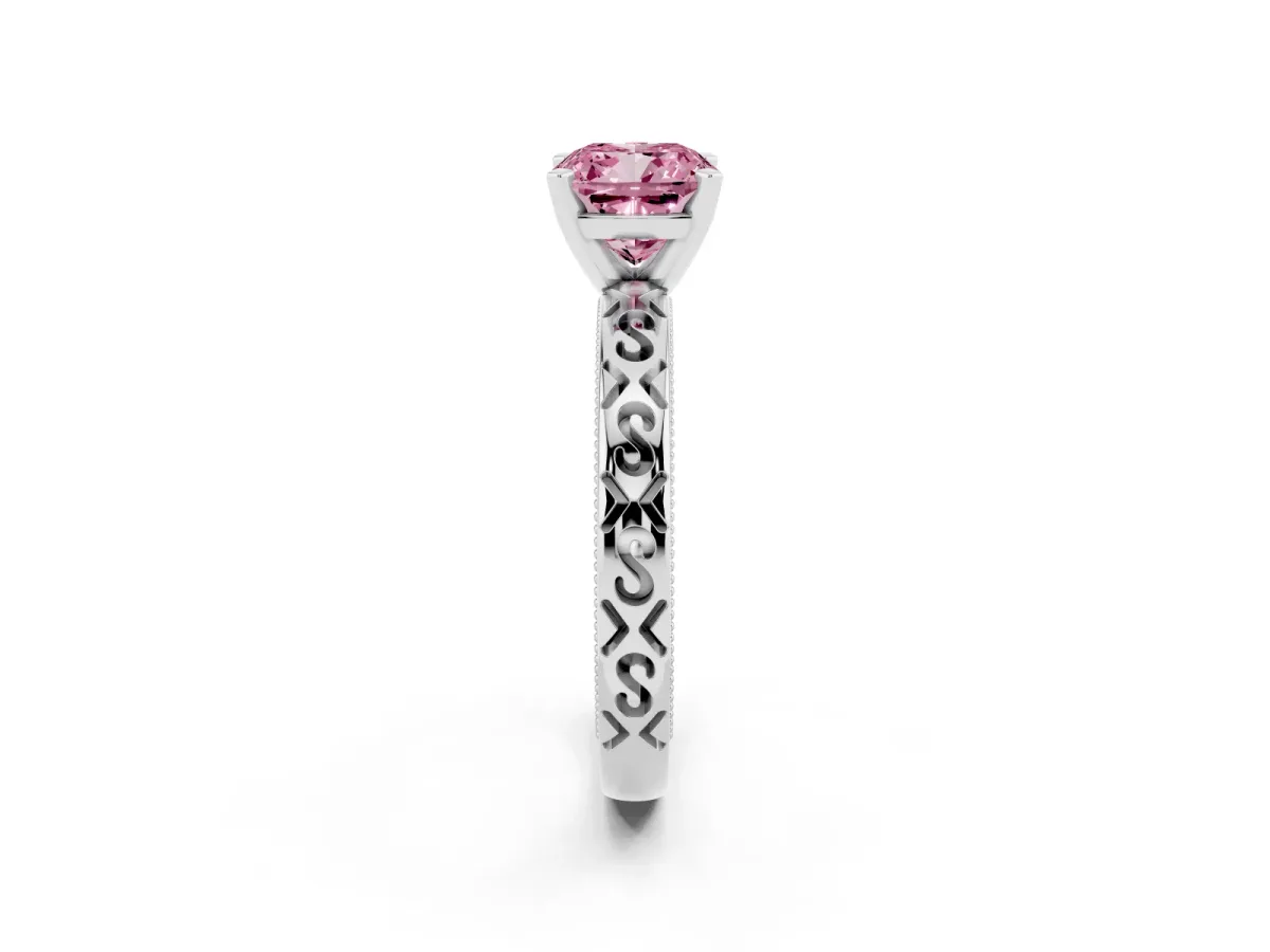 Fancy Pink Cushion Cut Solitaire Engagement Ring with Scrollwork Band and Four-Prong Setting Platinum