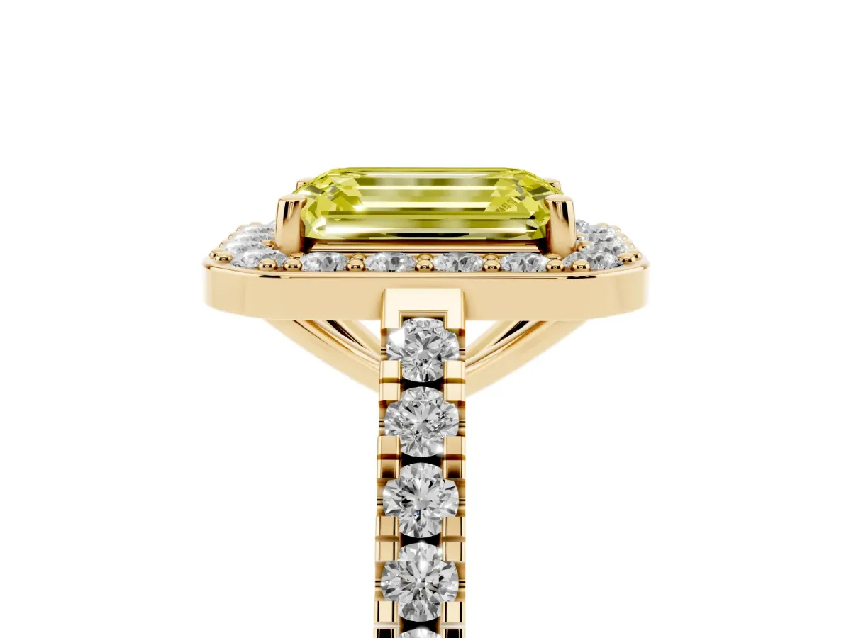 Fancy Yellow Emerald Cut Diamond Halo Ring with Round Pavé Split Shank and Prong Setting Yellow gold
