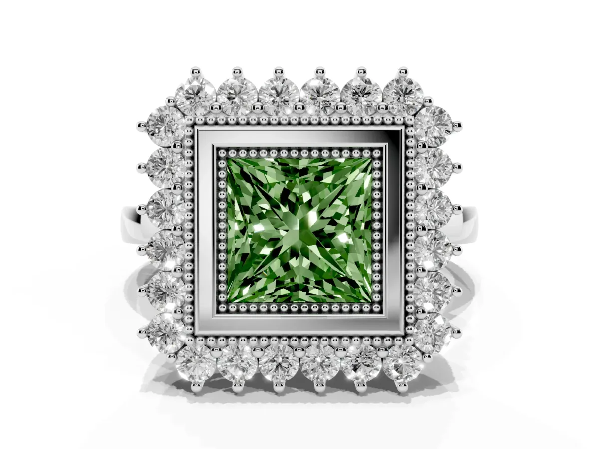 Fancy Green Princess Cut Halo Diamond Ring with Milgrain Edge and Round Prong Setting Silver