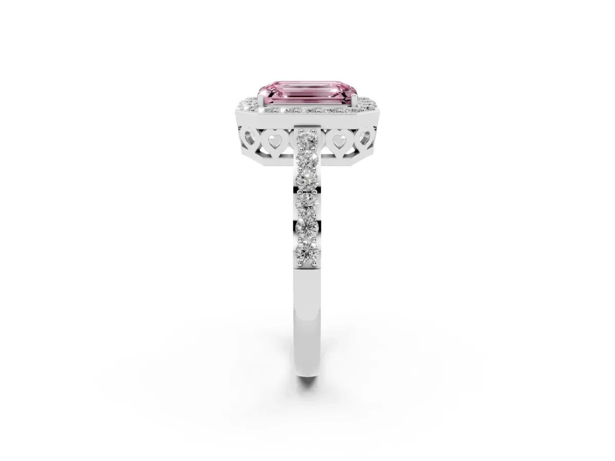Fancy Pink Emerald Cut Halo Diamond Pavé Band Ring with Prong Setting Platinum