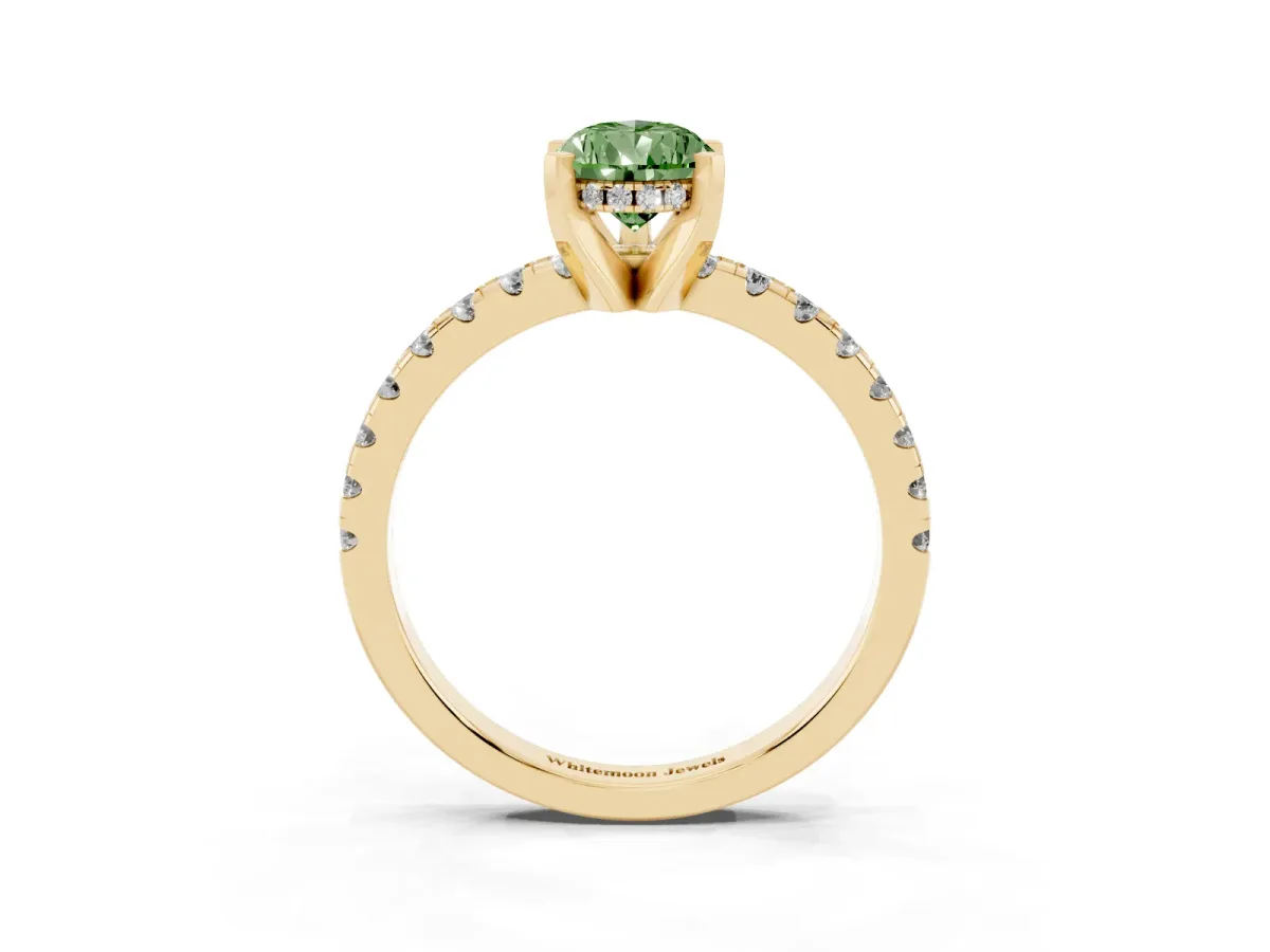 Fancy Green Pear Cut Diamond Solitaire Ring with Round Pavé Band and Four-Prong Setting Yellow gold