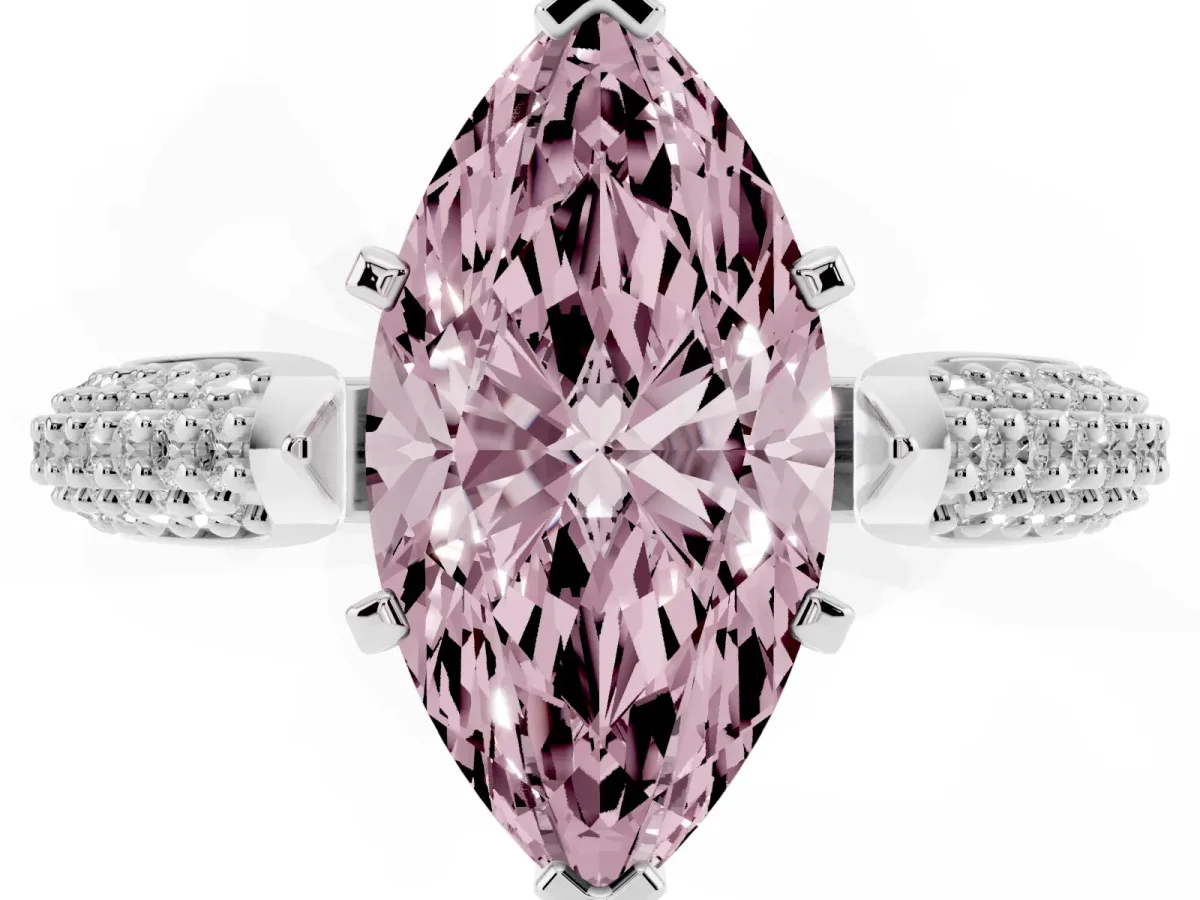 Fancy Pink Marquise Cut Diamond Solitaire Engagement Ring with Multi-Row Round Pavé Band and Prong Setting Silver