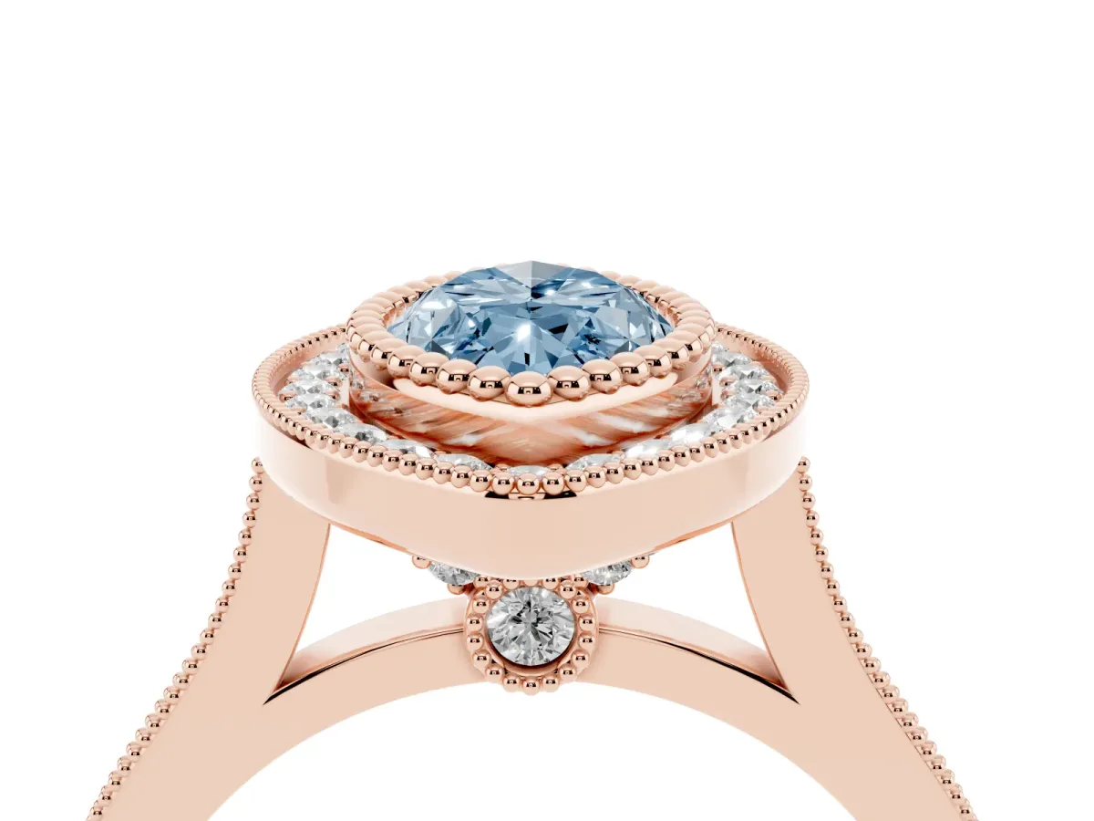 Fancy Blue Marquise Cut Diamond Halo Ring with Milgrain Frame and Pavé Band Rose gold