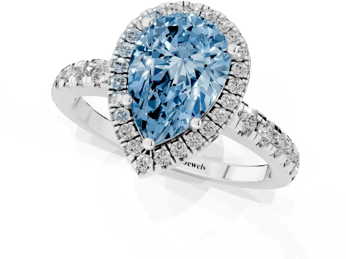 Fancy Blue Pear Cut Diamond Halo Ring with Pavé Band and Four-Prong Setting White gold