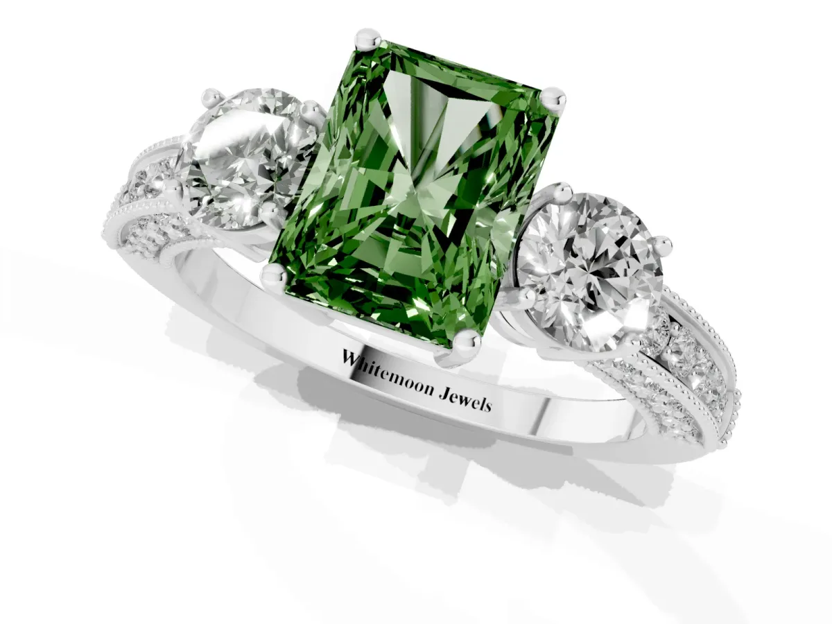 Fancy Green Radiant Cut Three-Stone Diamond Ring with Pavé Band and Four-Prong Setting Silver
