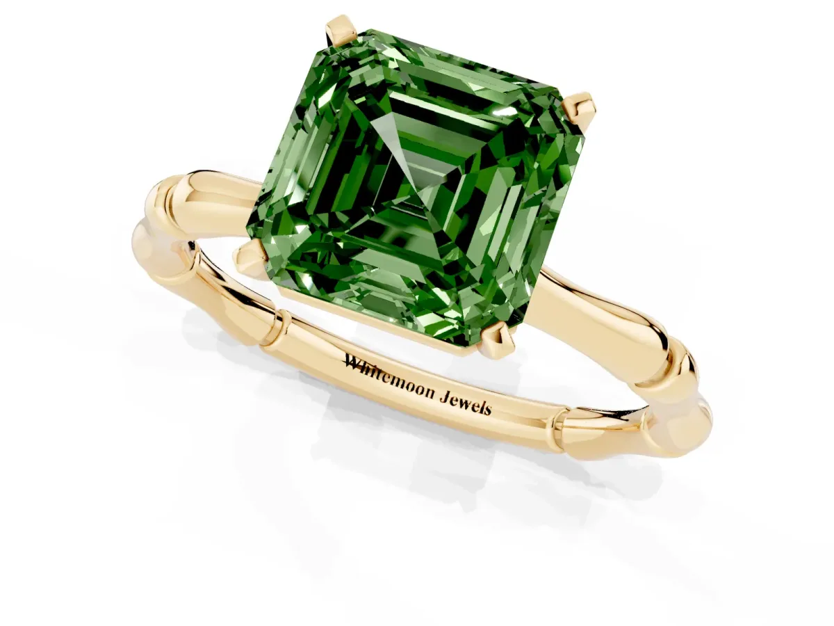 Fancy Green Asscher Cut Solitaire Diamond Ring with Bamboo Band and Four-Prong Setting Yellow gold