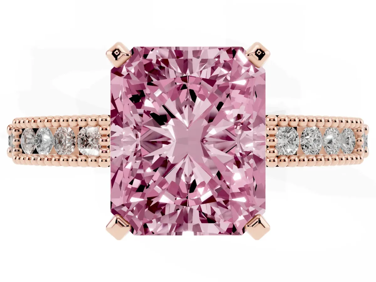 Fancy Pink Radiant Cut Solitaire with Pavé Band and Four-Prong Setting Rose gold