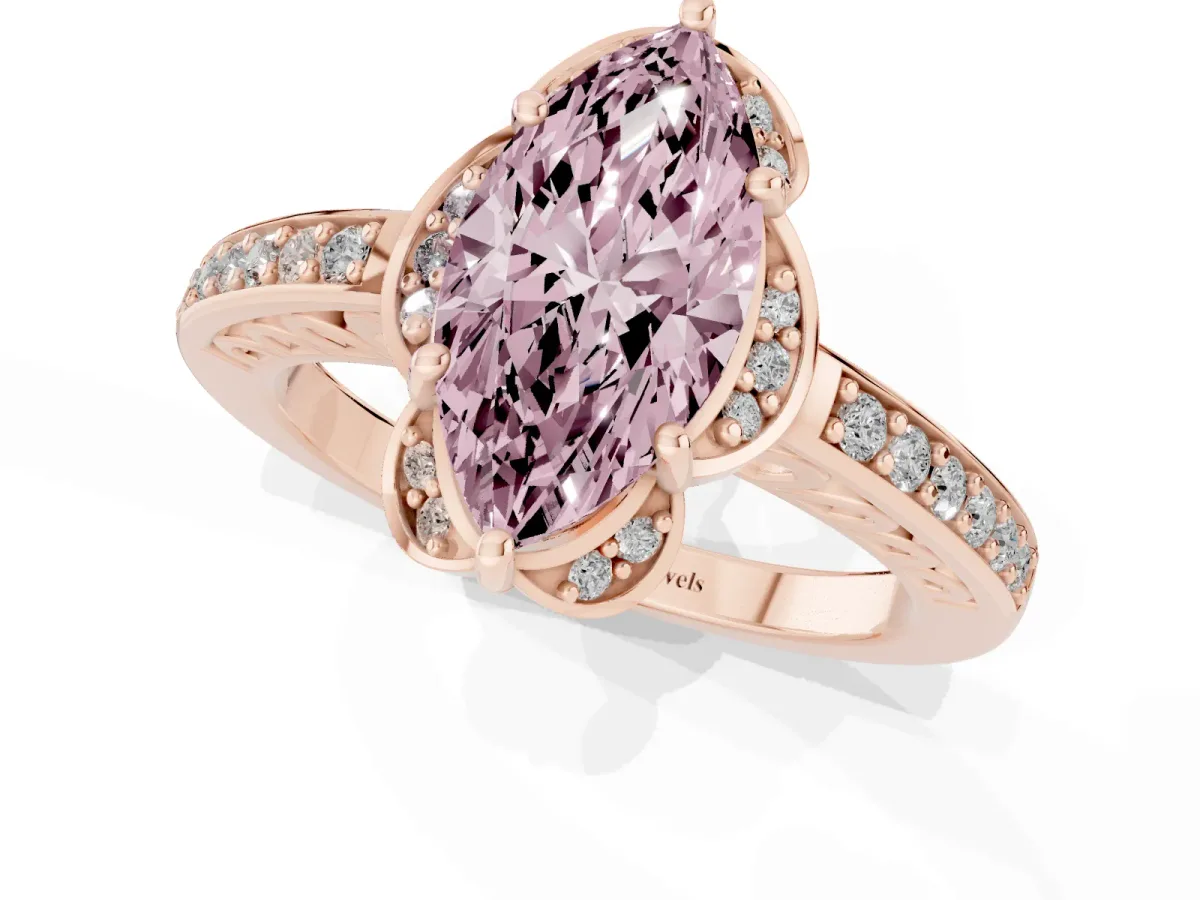 Fancy Pink Marquise Cut Cut Halo Diamond Ring with Channel Set Band and Four-Prong Setting Rose gold