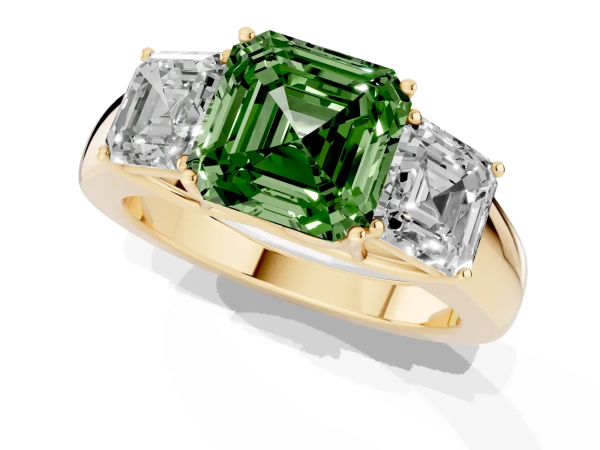 Fancy Green Three-Stone Asscher Cut Cut Diamond Ring with Prong Setting and Classic Band Yellow gold