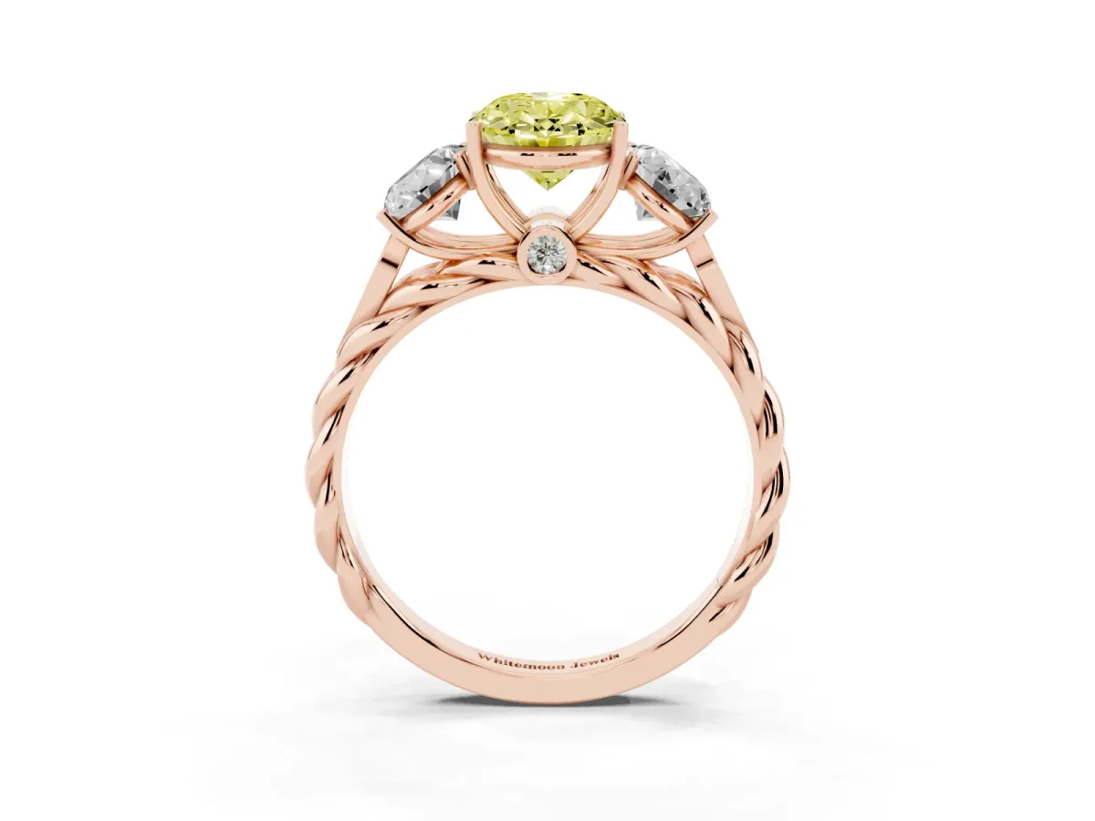 Fancy Yellow Three-Stone Oval Cut Diamond Braided Band Ring with Four-Prong Setting Rose gold