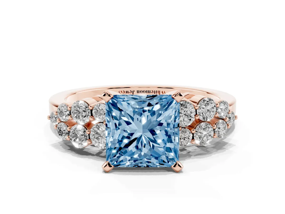 Fancy Blue Princess Cut Cluster Diamond Engagement Ring with Pavé Band and Four-Prong Setting Rose gold