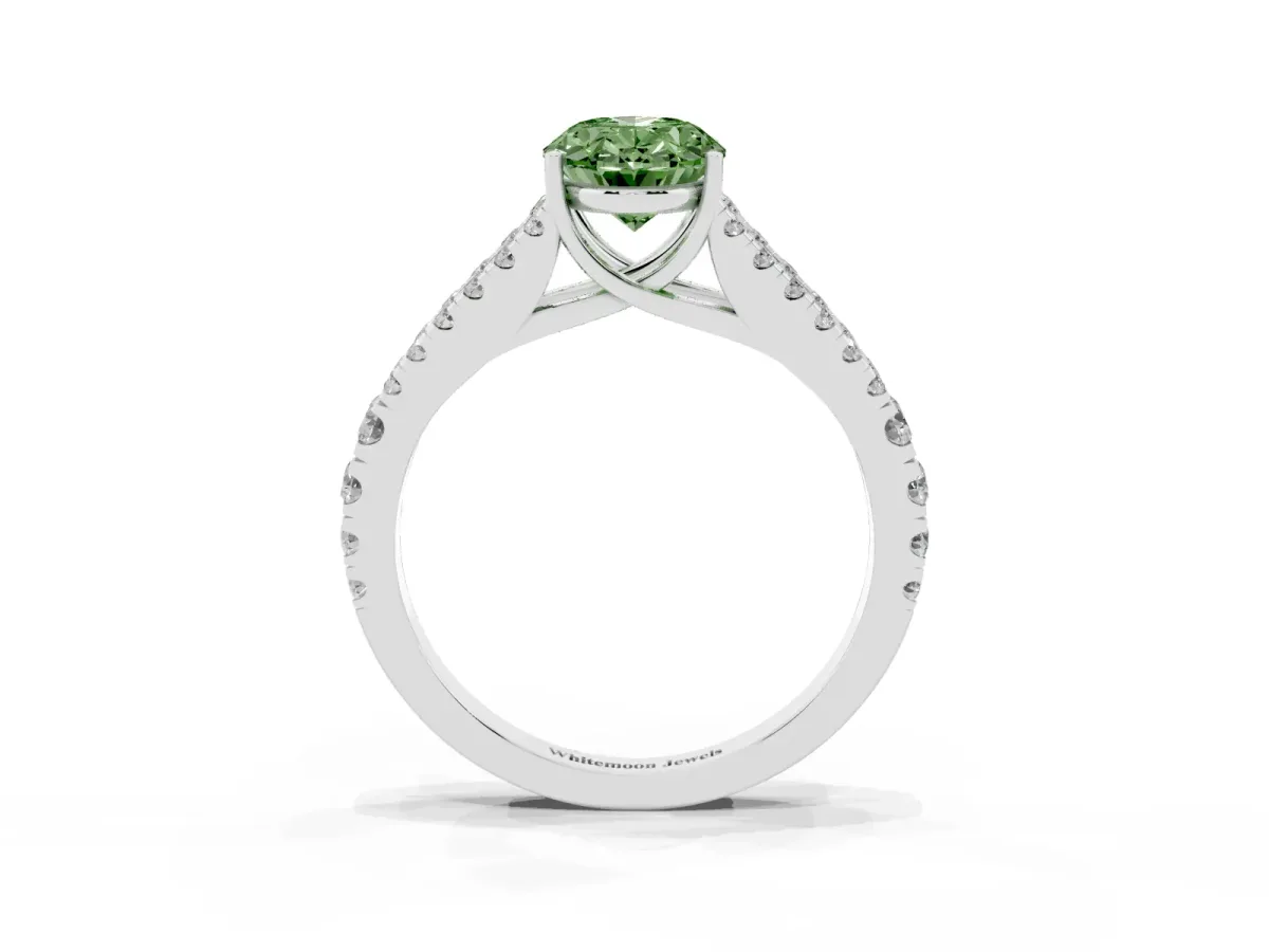 Fancy Green Oval Cut Diamond Split Shank Engagement Ring with Round Pavé and Prong Setting Platinum