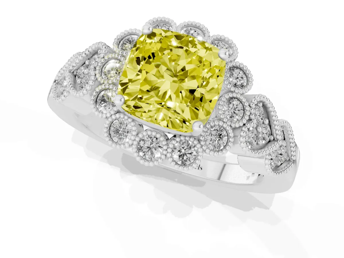 Fancy Yellow Cushion Cut Brilliant Milgrain Pave Heart Band Solitaire Ring White gold