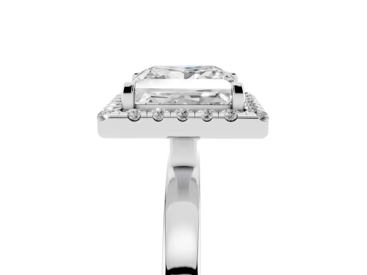 Princess Cut Halo Diamond Solitaire with Pavé Band and Four-Prong Setting Platinum