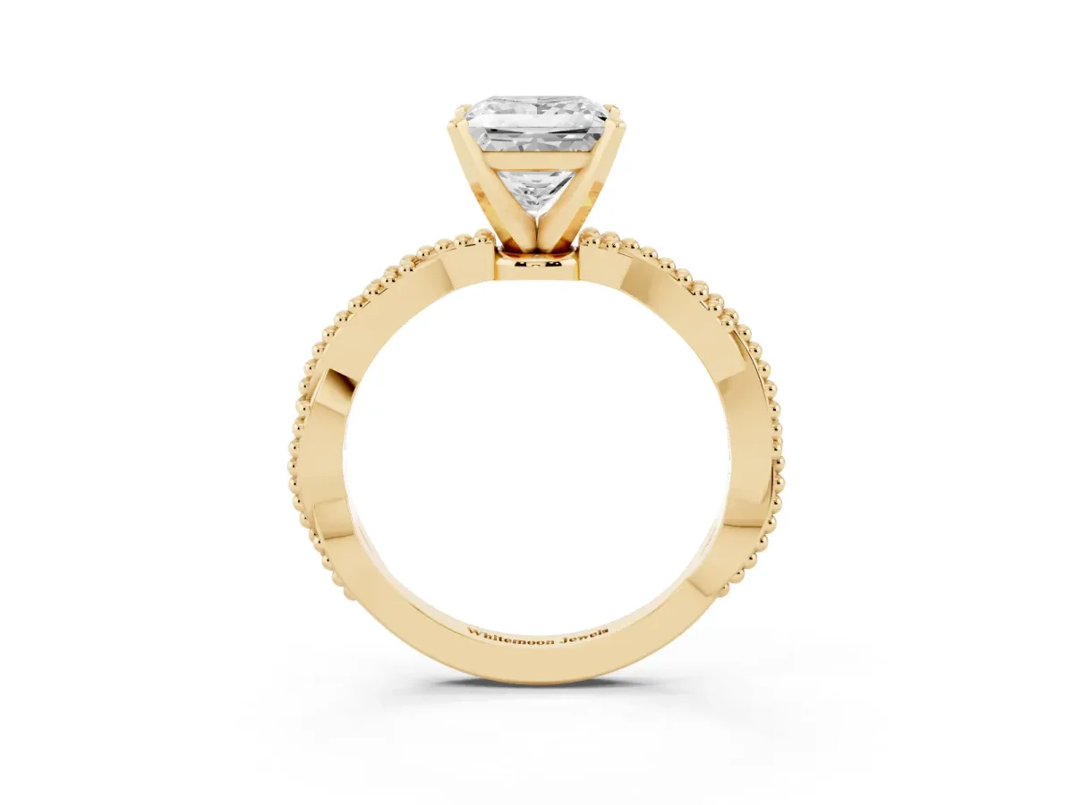 Princess Cut Solitaire Twisted Band with Bead Prong Setting Yellow gold