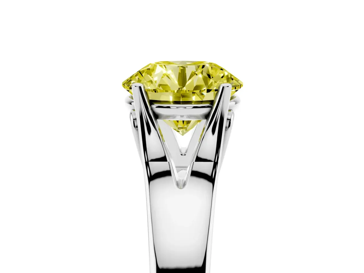Fancy Yellow Round Cut Solitaire Diamond Ring with Cathedral Band and Four-Prong Setting Platinum