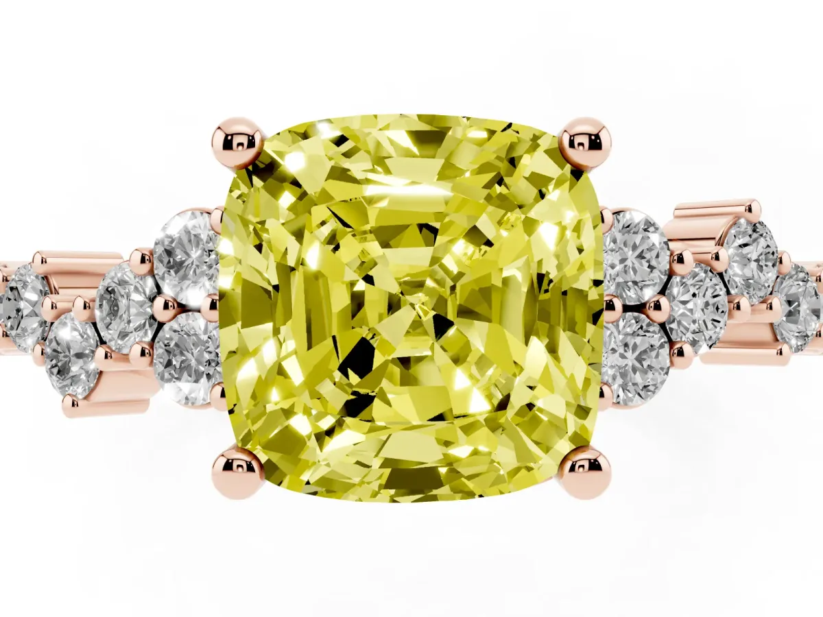Fancy Yellow Cushion Cut Diamond Scattered Round Accent Ring with Prong Setting Rose gold
