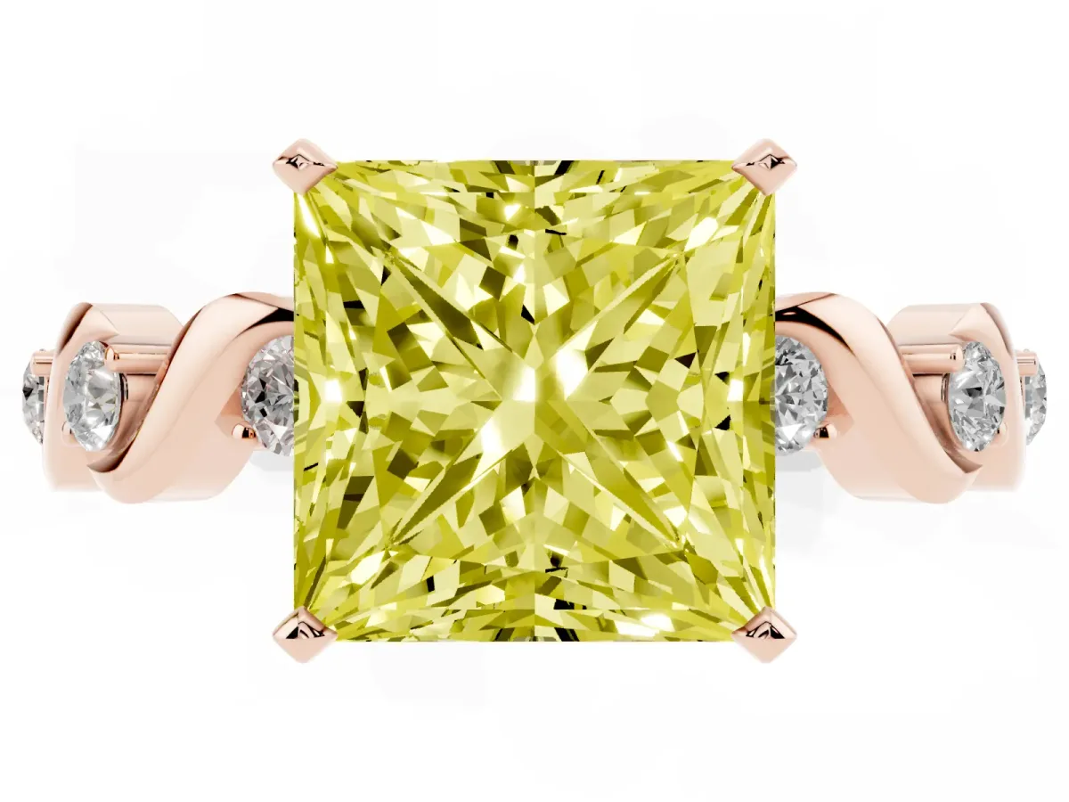 Fancy Yellow Princess Cut Diamond Solitaire Twisted Band with Round Accents and Prong Setting Rose gold